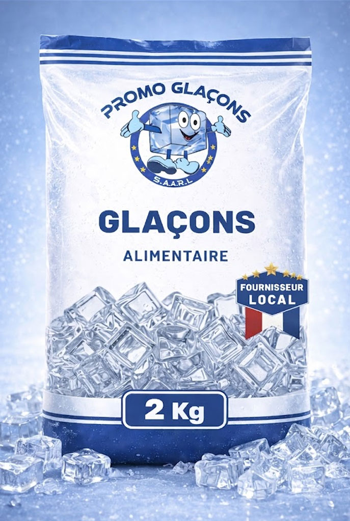 Gamme de glaçons alimentaires en sacs de 2, 5, 10 et 20 kg
